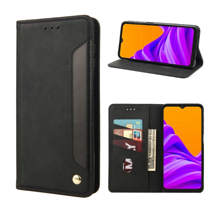 Black folio leather phone case with card slots and kickstand, gold button closure