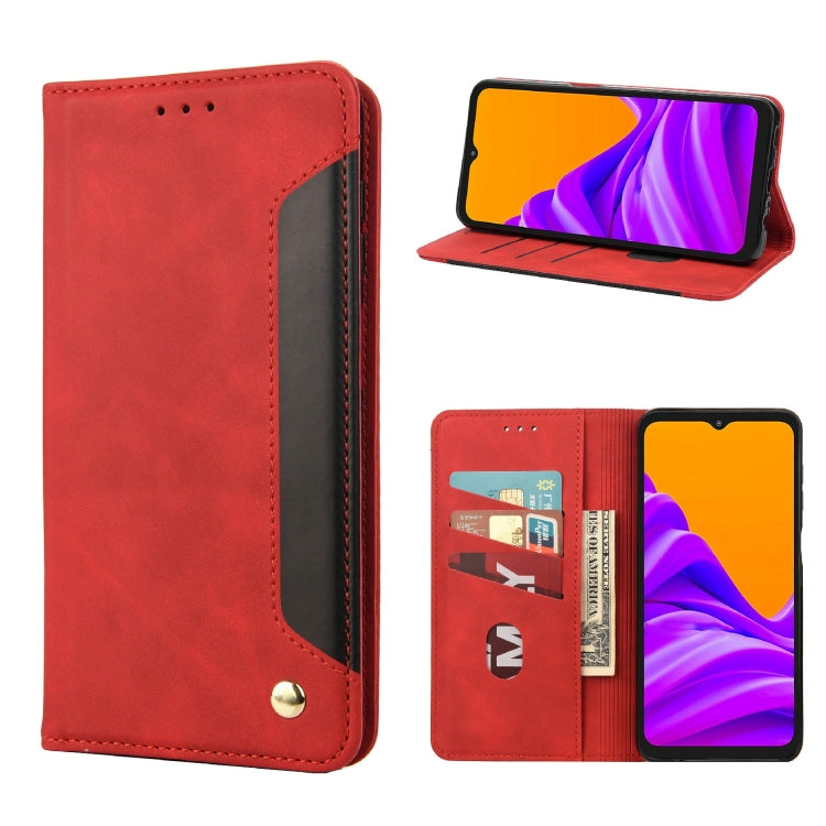 Red folio leather phone case with card slots and kickstand, gold button closure