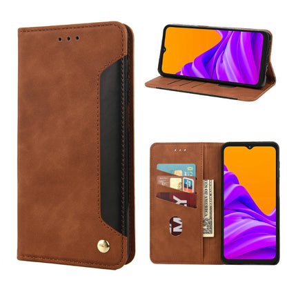 Brown leather flip phone case with card slot and magnetic clasp.