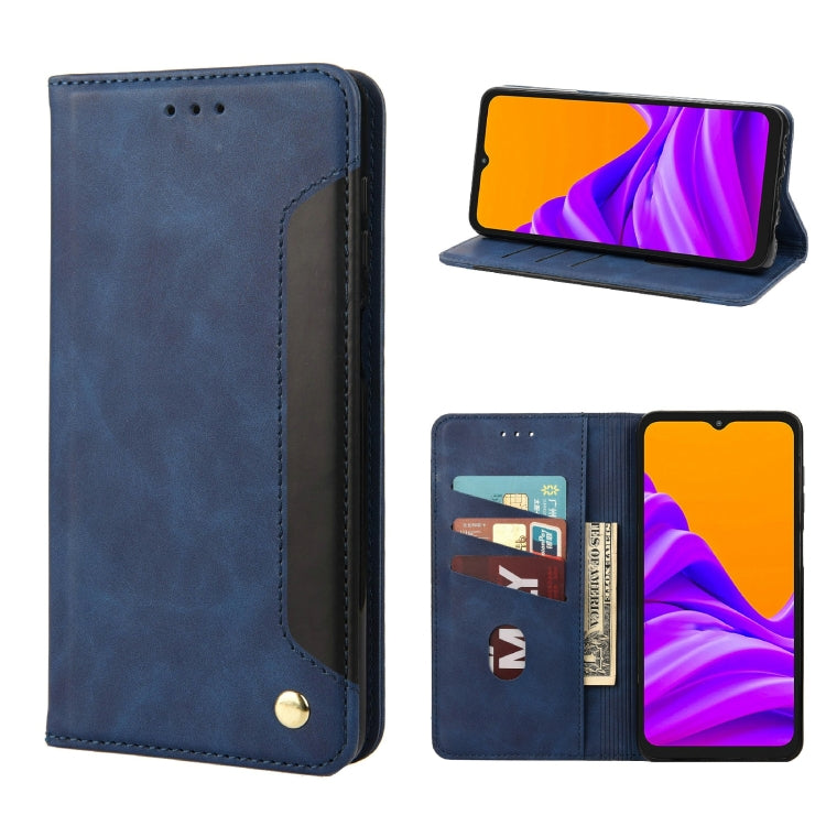 Blue leather flip phone case with card slot and magnetic clasp.