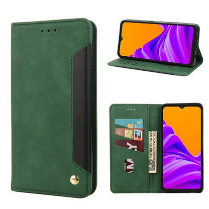 Green leather flip phone case with card slot and magnetic clasp.