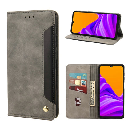 Grey leather flip phone case with card slot and magnetic clasp.
