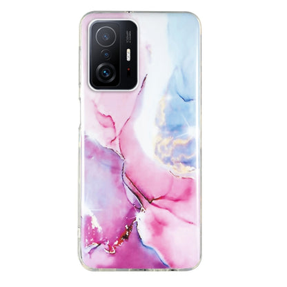Pink and blue marble TPU phone case with gold veining and precise camera openings