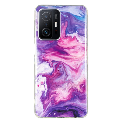 Purple and pink marble TPU phone case with swirled pattern and camera cutouts