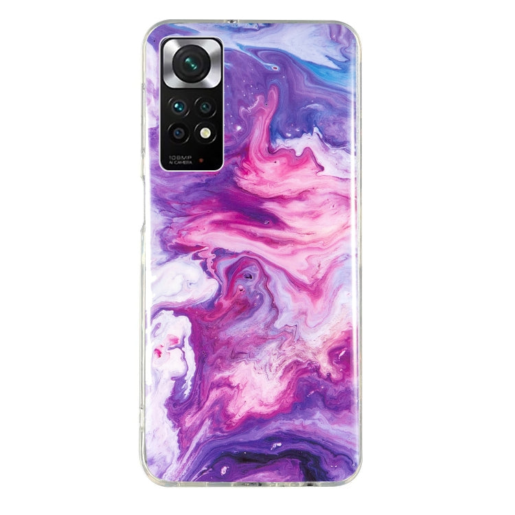 Marble pattern TPU phone case with purple and pink swirls, clear frame
