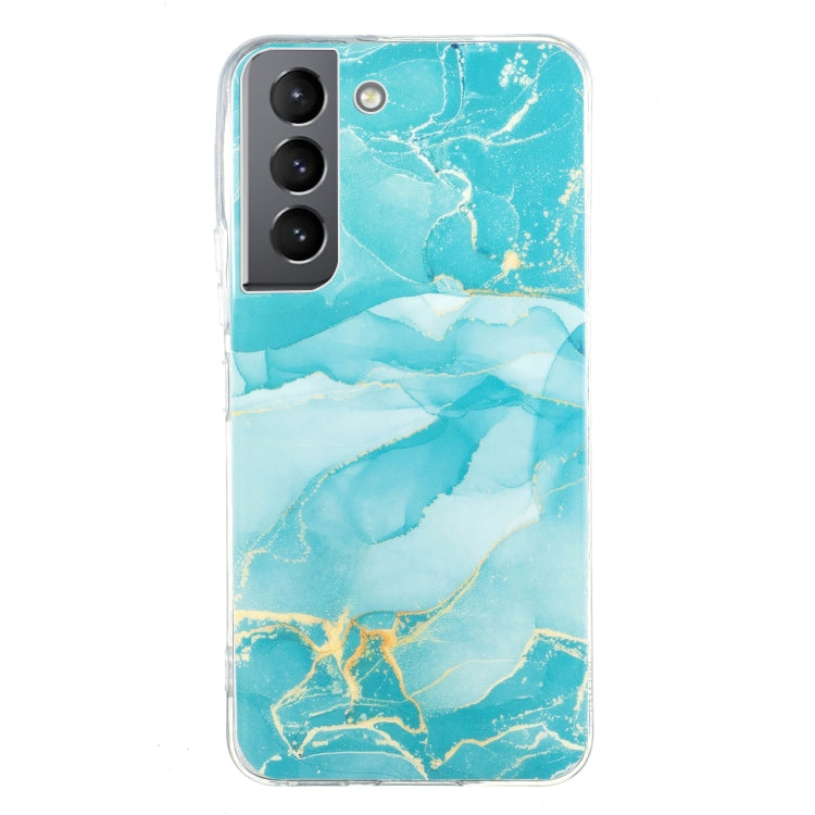 Marble pattern TPU phone case with turquoise and white marbling, clear frame