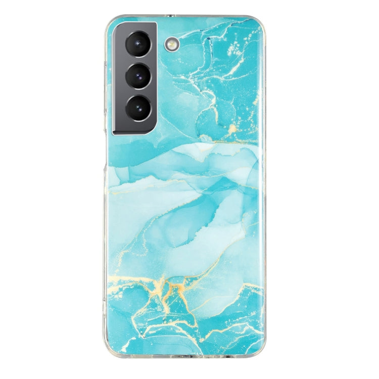 Marble pattern TPU phone case with aqua and white marbling, clear frame