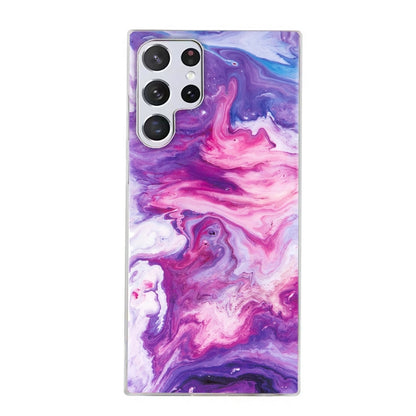 Marble pattern TPU phone case with purple and pink swirls, camera cutouts