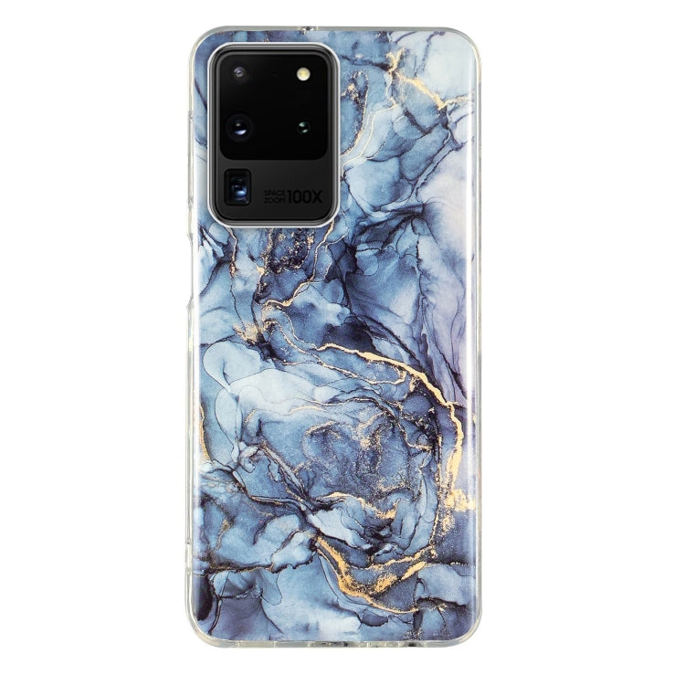 Blue and gold veined marble-pattern TPU phone case with clear protective edges