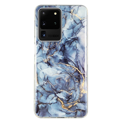 Blue and gold veined marble-pattern TPU phone case with clear protective edges