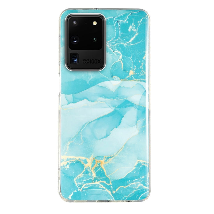 Turquoise marble-pattern TPU phone case with white streaks, clear protective edges