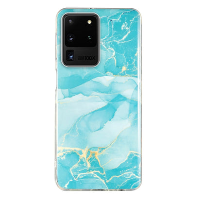 Turquoise marble-pattern TPU phone case with white streaks, clear protective edges