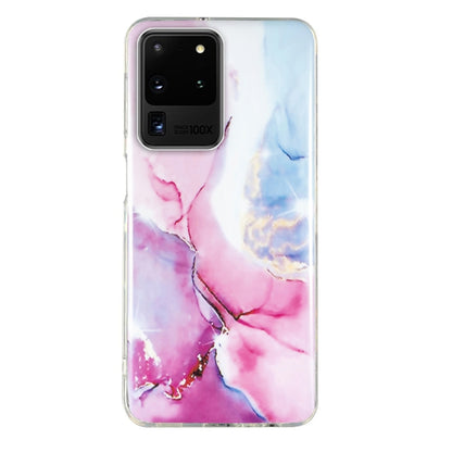 Pink and blue marble-pattern TPU phone case with cloudy swirls, clear protective edges