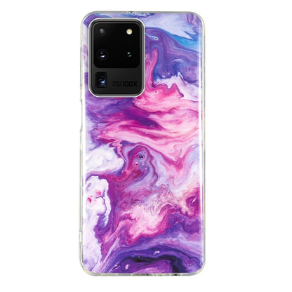 Marble pattern TPU phone case with purple and pink swirls, clear protective bumper.