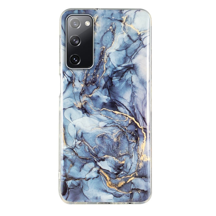 Marble pattern TPU phone case with blue marble and gold streaks, clear sides.