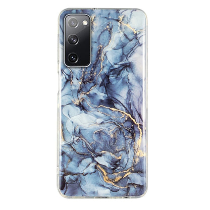 Marble pattern TPU phone case with blue marble and gold streaks, clear sides.