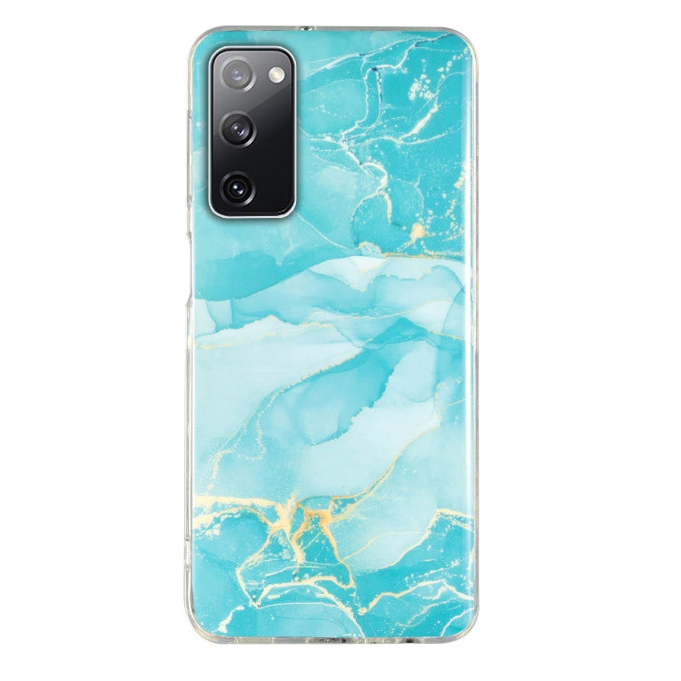 Marble pattern TPU phone case with turquoise and white marbling, clear border.