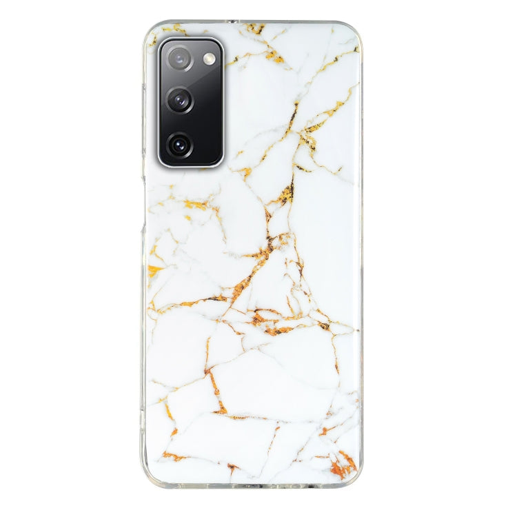 Marble pattern TPU phone case with white base and gold vein lines, clear border.