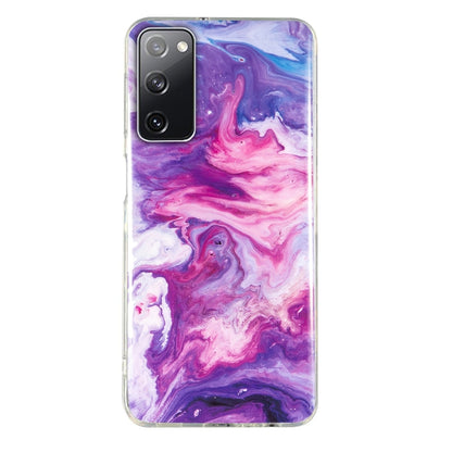 Purple and pink marble TPU phone case with clear frame and glossy finish.