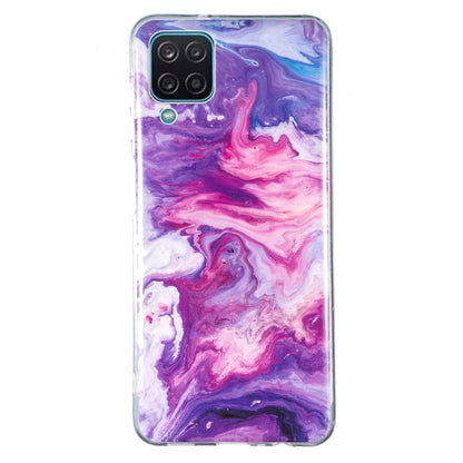 Marble pattern TPU phone case in purple and pink swirls, with camera cutout and ports.