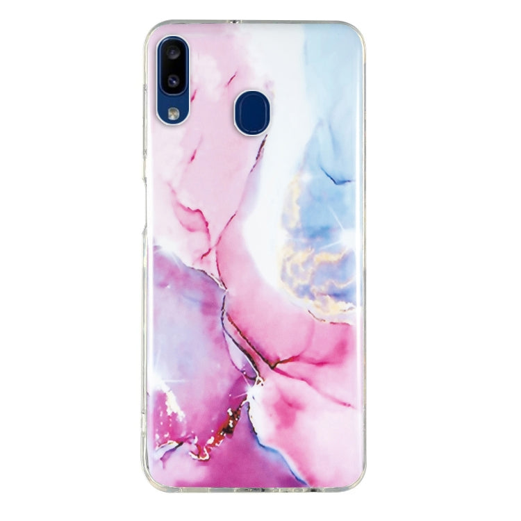 Pink and blue marble TPU phone case with clear trim, camera cutouts, and fingerprint/side button opening.