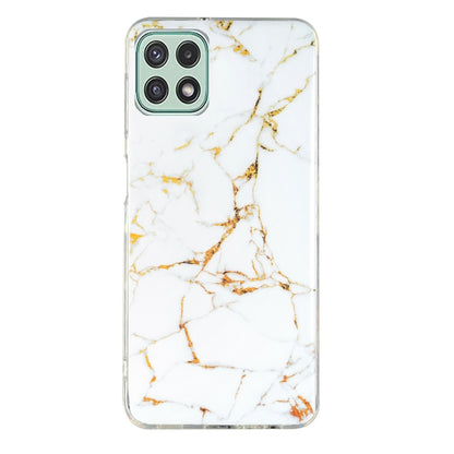 Marble-pattern TPU phone case, white with gold marble lines and camera cutouts