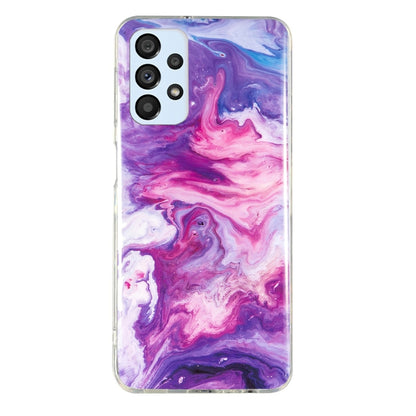 TPU phone case with purple and pink marble swirl pattern, clear trim, camera cutouts