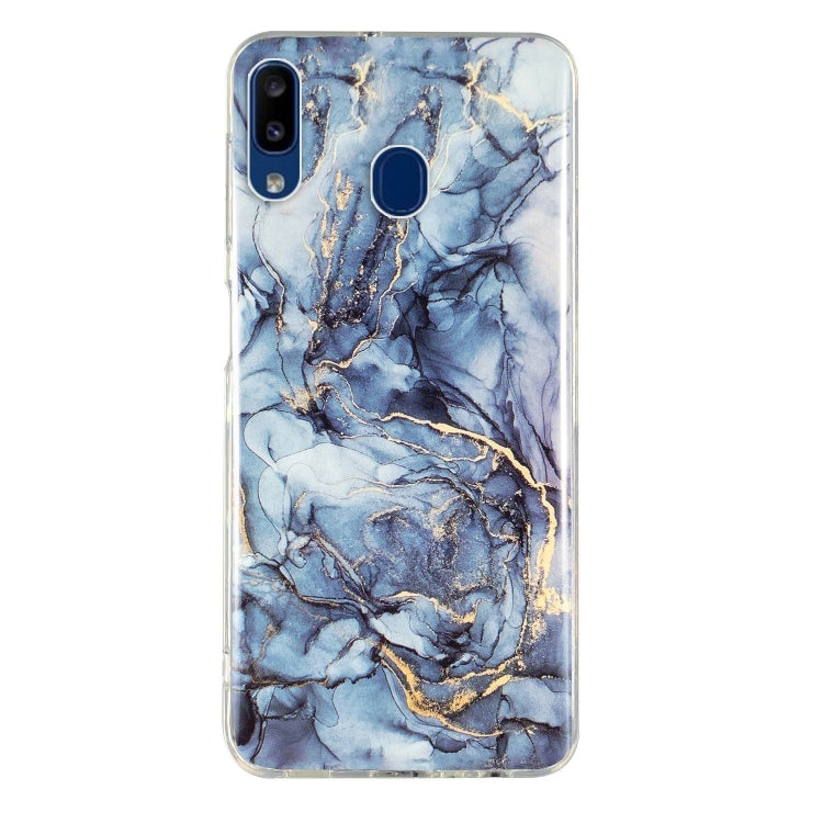 TPU phone case with blue marble pattern, clear border, cutouts for camera and fingerprint