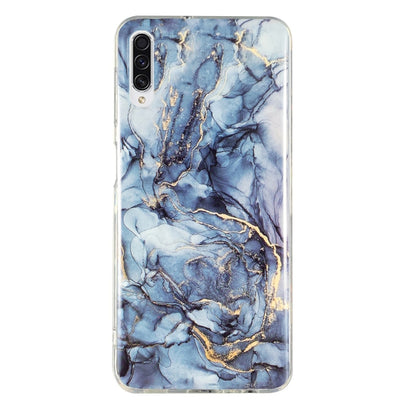 Marble pattern TPU phone case, blue stone pattern with gold accents, camera cutout