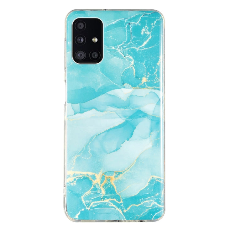 Marble pattern TPU phone case, teal and light blue marble swirls, camera cutout visible
