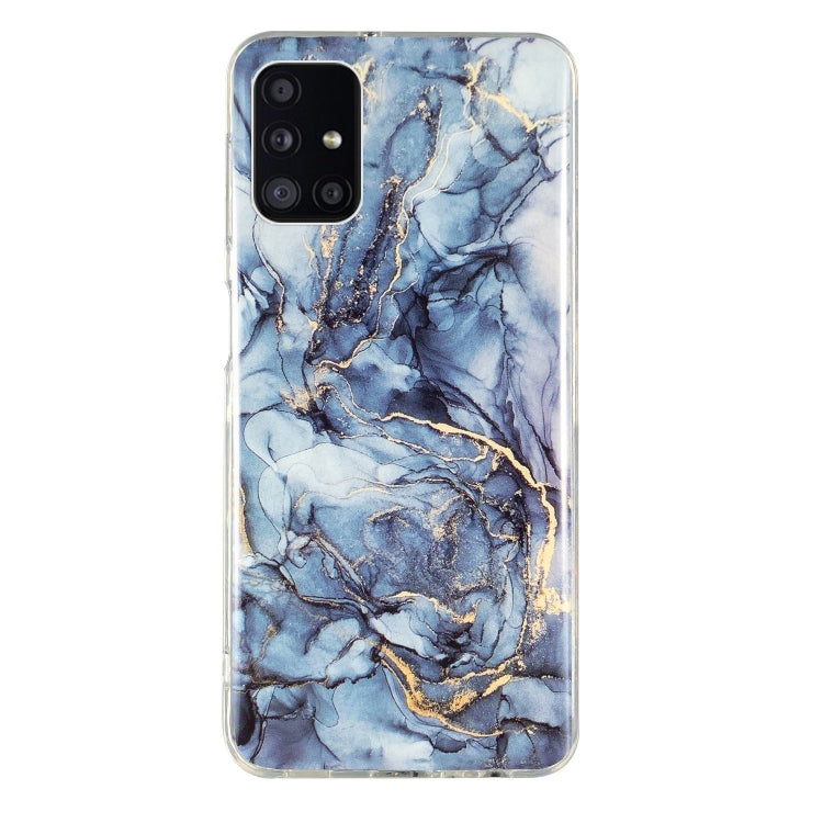 Marble-pattern TPU phone case, blue marble with gold veining, clear border, quad-camera cutout