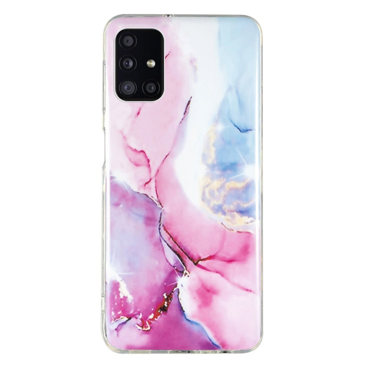 Marble-pattern TPU phone case, pink and blue marble splash, clear edges, quad-camera cutout