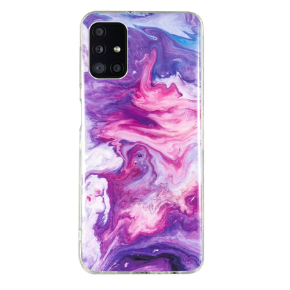 Marble-pattern TPU phone case, purple and pink marble swirls, clear edges, quad-camera cutout