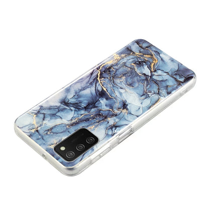 TPU phone case with blue marble pattern, gold streaks, transparent frame, dual camera cutout