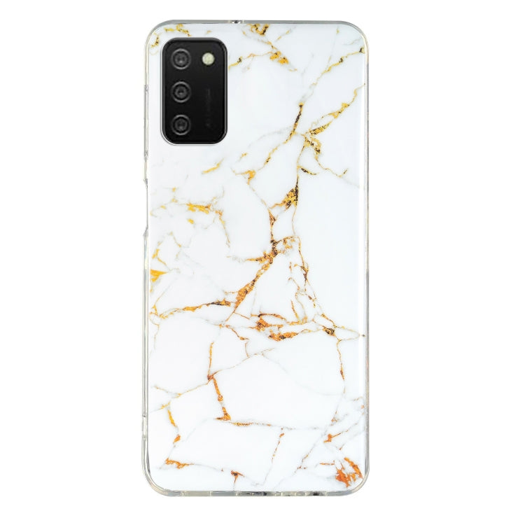 TPU phone case with white marble pattern and gold cracks, clear border, camera cutout