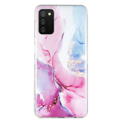TPU phone case with pink and blue marble pattern, soft colored veining, camera cutout