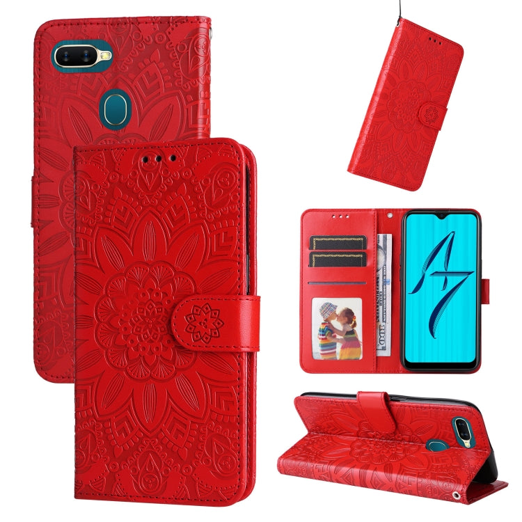 Red embossed sunflower leather phone case with folio flap and card slots