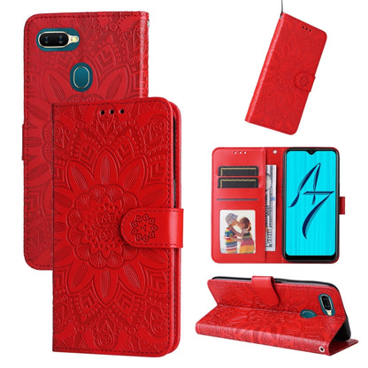 Red embossed sunflower leather phone case with folio flap and card slots