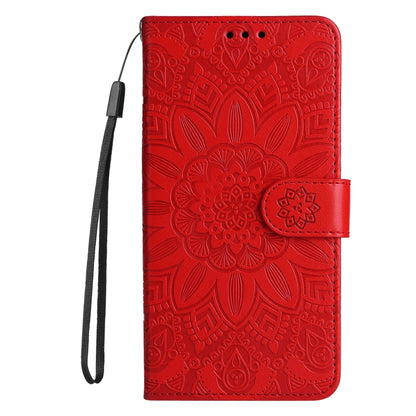 Red embossed sunflower leather folio phone case with wrist strap and magnetic closure