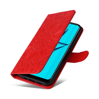 Red embossed sunflower leather phone case with flip cover and wrist strap loop
