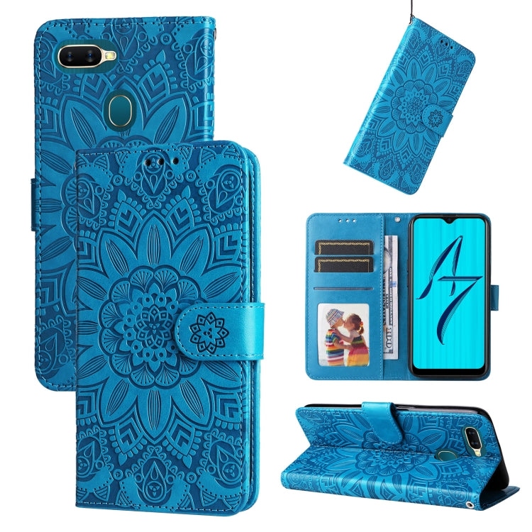 Blue embossed sunflower leather phone case folio with card slots and stand