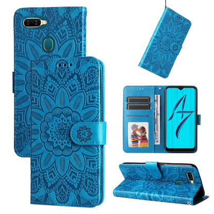 Blue embossed sunflower leather phone case folio with card slots and stand