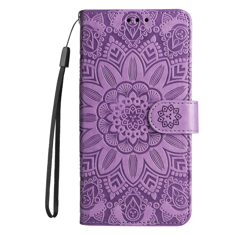 Purple embossed sunflower leather folio phone case with wrist strap and card pocket