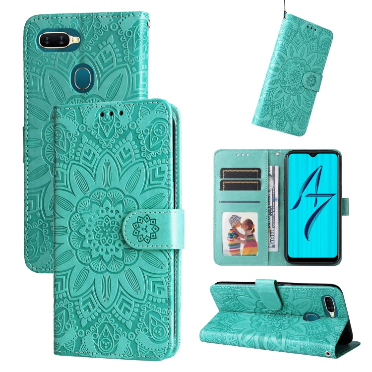 Teal embossed sunflower leather phone case folio with card slots and stand