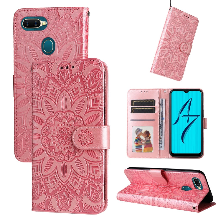 Embossed sunflower leather phone wallet case, rose pink, with card slots and stand