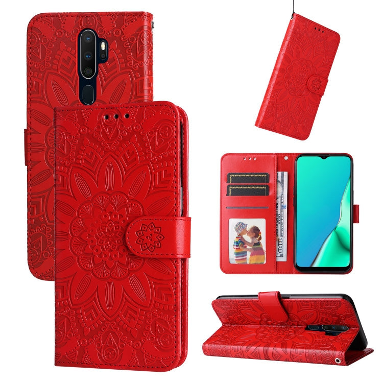 Embossed sunflower leather phone wallet case, red, with card slots and kickstand