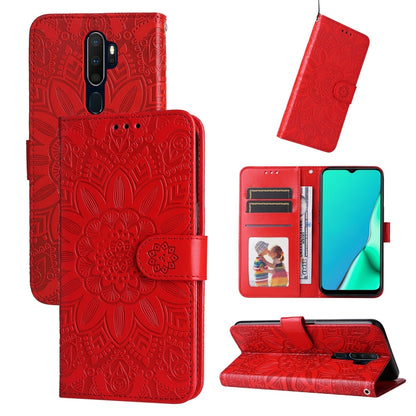 Embossed sunflower leather phone wallet case, red, with card slots and kickstand
