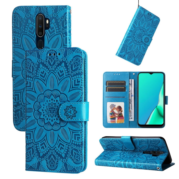 Embossed sunflower leather phone wallet case, blue, with card slots and stand