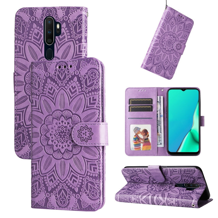 Embossed sunflower leather phone wallet case, lavender purple, with card slots and stand