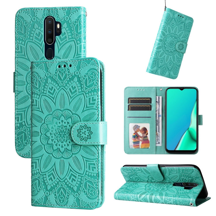 Embossed sunflower leather phone wallet case, teal green, with card slots and stand